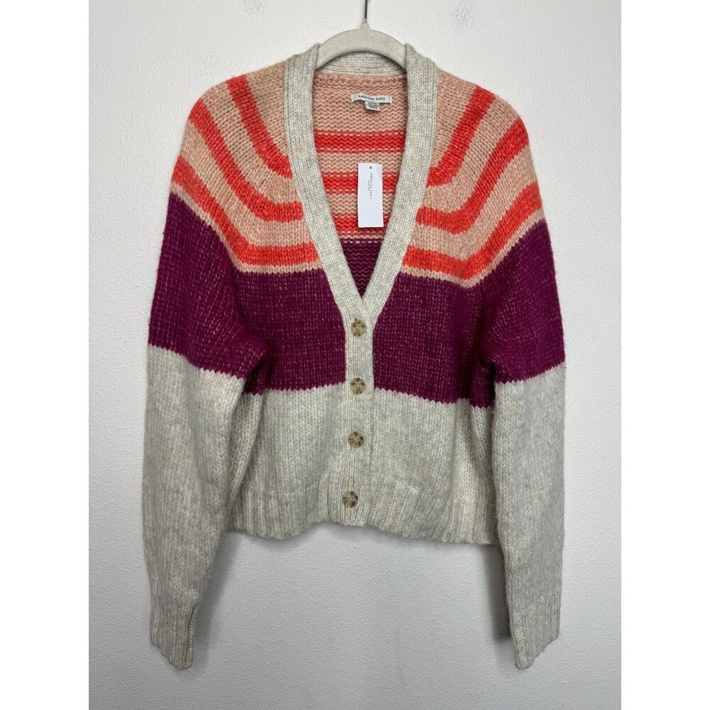 American Eagle XL Cardigan Striped Pink Tan V-Neck Button Front Cropped Knit NWT